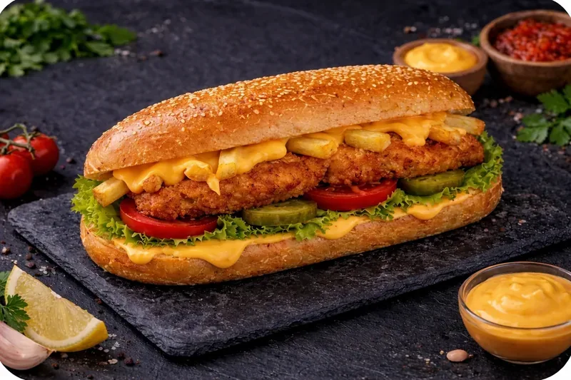 Sonwich with cheese sauce